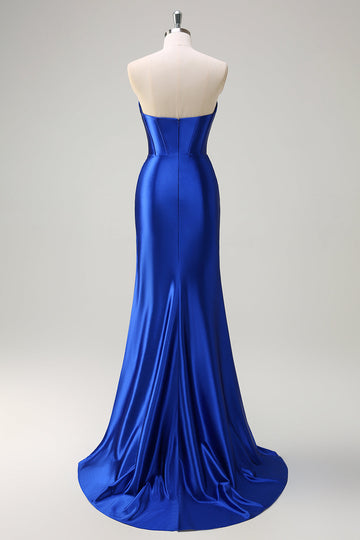 Royal Blue Mermaid corsetto senza spalline paillettes increspato lungo Abito da cerimonia con fessura